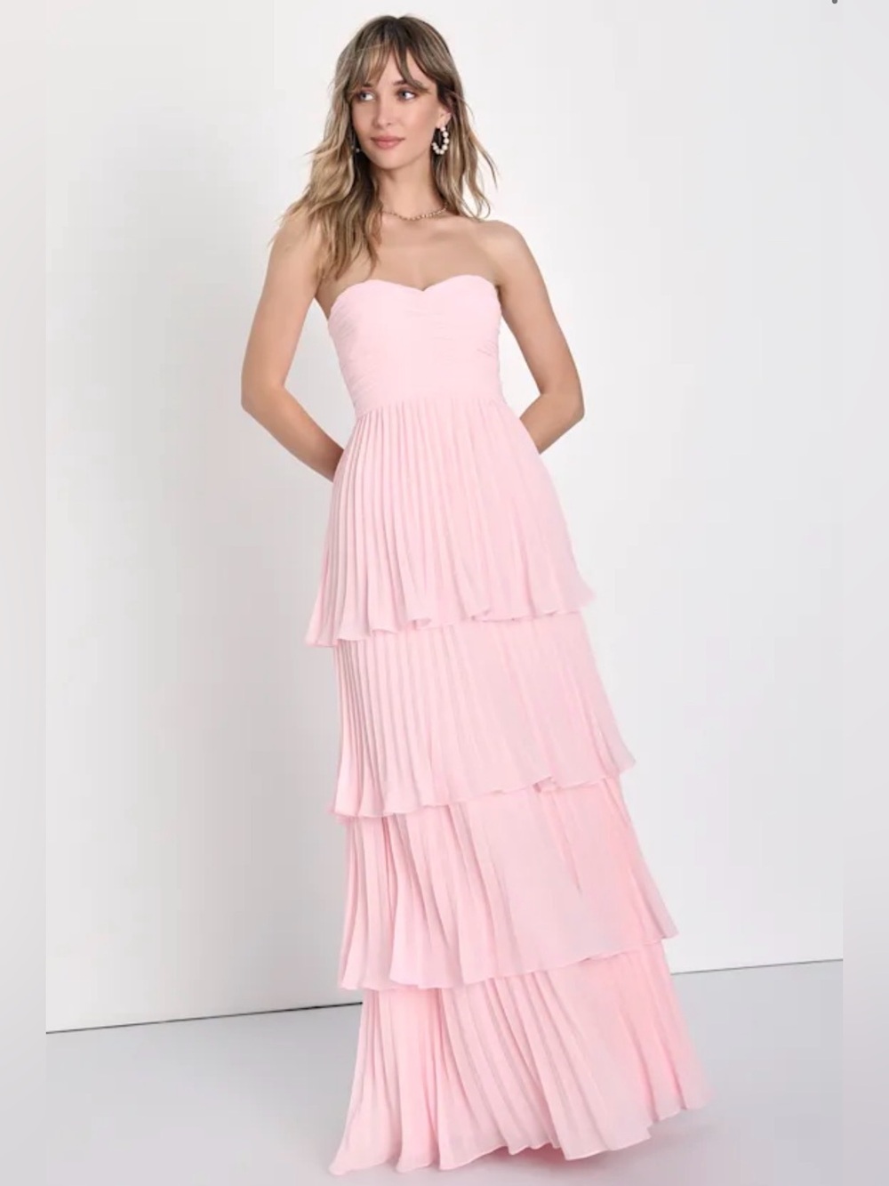 NWT Lulus Strapless Tiered Pleated Maxi Dress - Pale Pink size Small